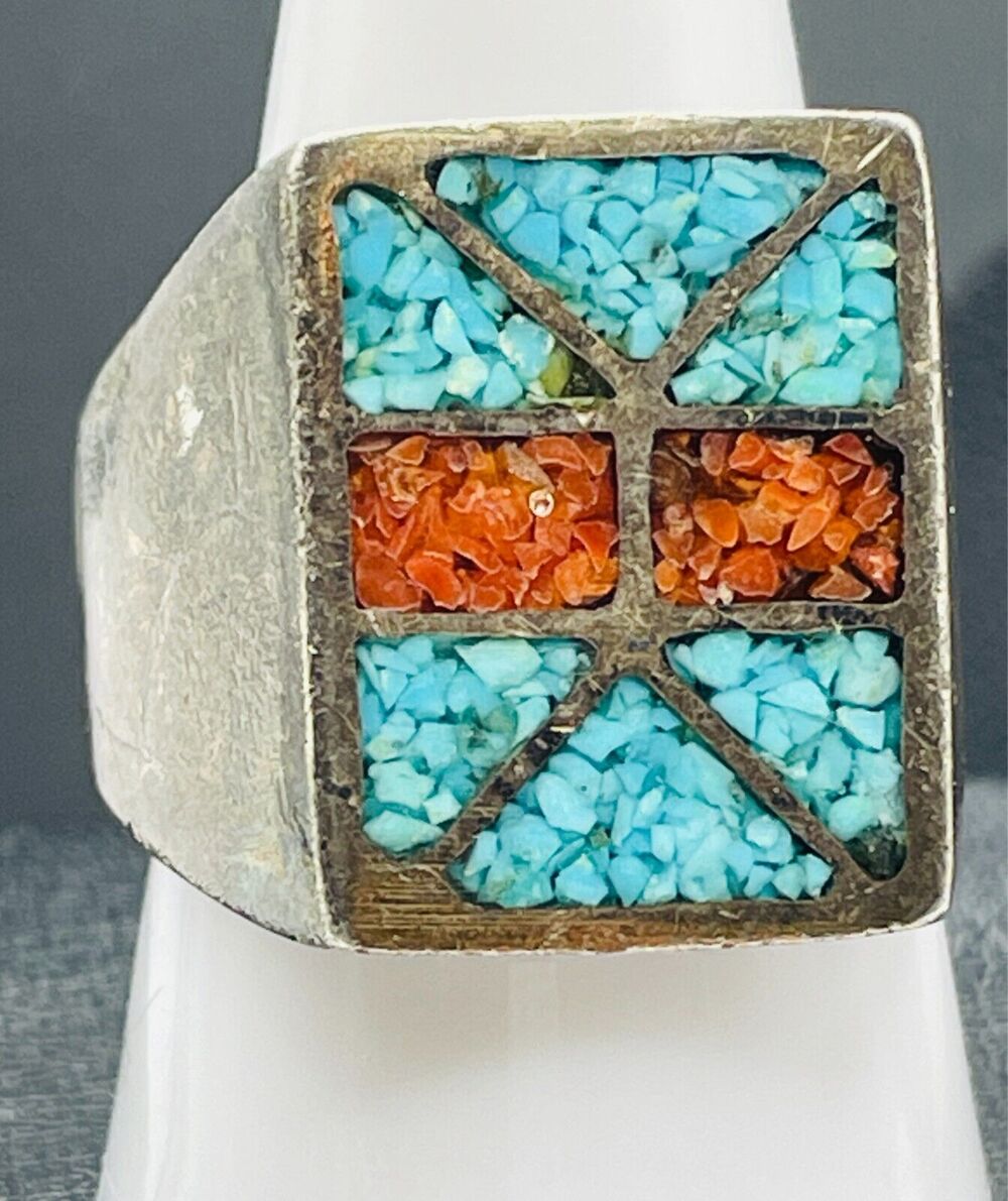 Crushed Turquoise and Coral Inlay Sterling Silver Ring Size 9.5 Native American